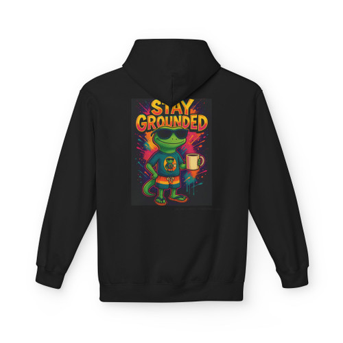 Stay Grounded hoodie - neon Bert the gecko standing calm with coffee mug while colorful explosions burst behind him - back print on black fleece pullover by Coo Coos Coffee Florida Brew Crew