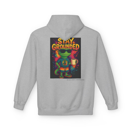 Stay Grounded hoodie - neon Bert the gecko standing calm with coffee mug while colorful explosions burst behind him - back print on black fleece pullover by Coo Coos Coffee Florida Brew Crew