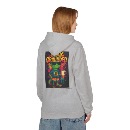Stay Grounded hoodie - neon Bert the gecko standing calm with coffee mug while colorful explosions burst behind him - back print on black fleece pullover by Coo Coos Coffee Florida Brew Crew