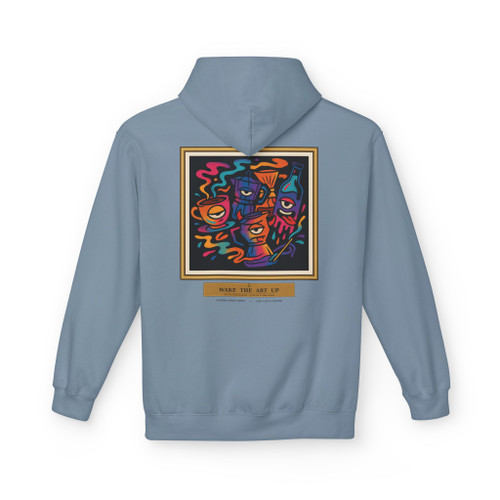 Wake the Art Up Hoodie | Street Art Coffee Fleece Pullover | Bold Graphic Back Print, stone blue