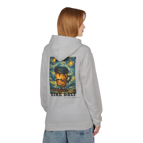 Drip Like Dali hoodie - surreal melting coffee cup dripping against Starry Night style swirling sky - back print fleece pullover by Coo Coos Coffee Florida Brew Crew
