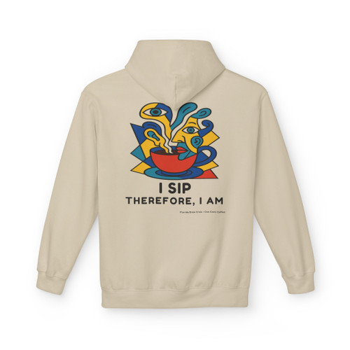 I Sip Therefore I Am hoodie - abstract geometric coffee cup with bold colorful shapes flowing upward - back print fleece pullover by Coo Coos Coffee Florida Brew Crew