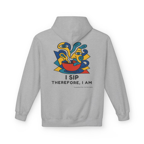 I Sip Therefore I Am hoodie - abstract geometric coffee cup with bold colorful shapes flowing upward - back print fleece pullover by Coo Coos Coffee Florida Brew Crew