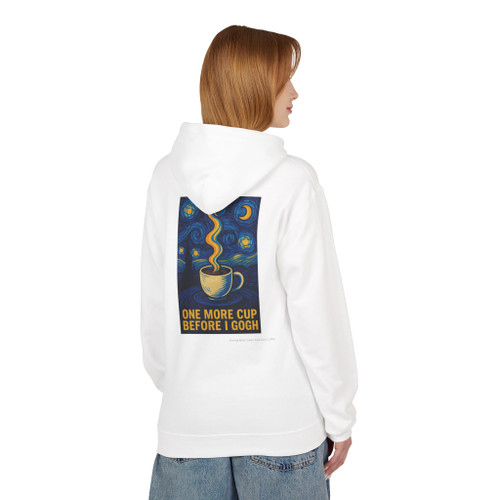 One More Cup Before I Gogh hoodie - Starry Night style coffee cup with swirling steam against Van Gogh inspired night sky - back print fleece pullover by Coo Coos Coffee Florida Brew Crew