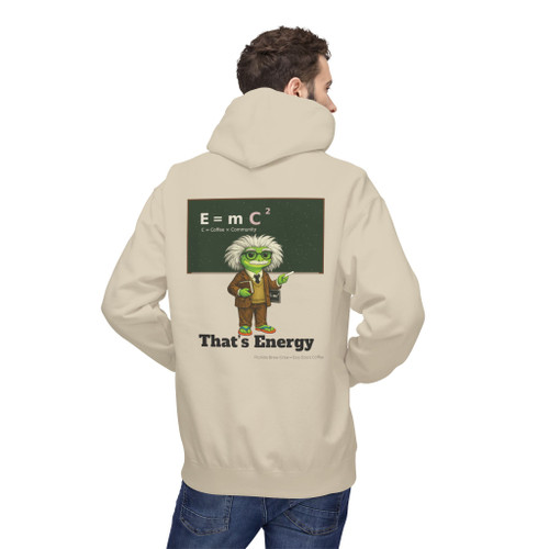 Al Bert-stein hoodie - Bert the gecko as Einstein at chalkboard with E equals mC squared where C is coffee and Thats Energy text - back print fleece pullover by Coo Coos Coffee Florida Brew Crew