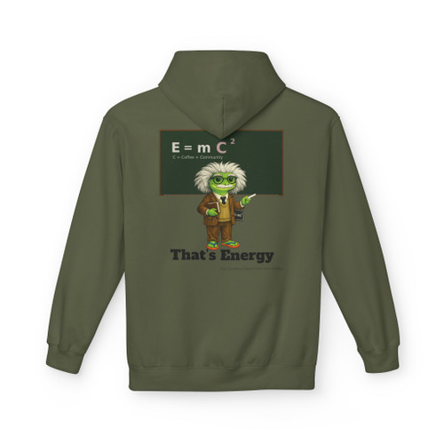 Al Bert-stein hoodie - Bert the gecko as Einstein at chalkboard with E equals mC squared where C is coffee and Thats Energy text - back print fleece pullover by Coo Coos Coffee Florida Brew Crew