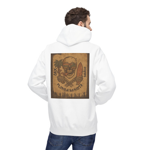 Jax Beach Florida Barista hoodie - vintage distressed poster with skull in sunglasses crossed portafilters palm tree and surfboard - back print fleece pullover by Coo Coos Coffee Jacksonville Florida