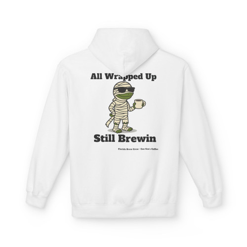 All Wrapped Up Still Brewin Halloween hoodie - mummy Bert the gecko wrapped in bandages holding coffee with sunglasses - back print seasonal drop fleece pullover by Coo Coos Coffee Florida Brew Crew
