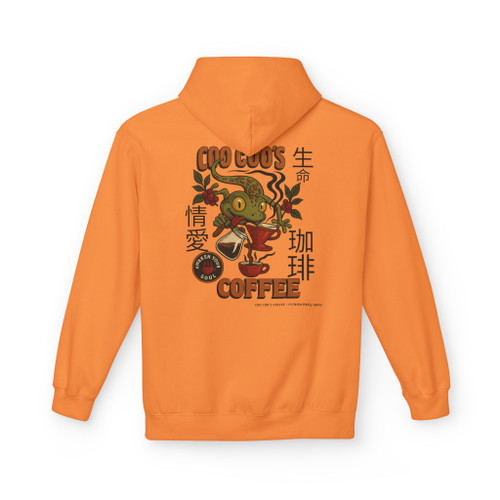 Awaken Your Soul hoodie - Bert the gecko in Japanese illustration style with kanji for life coffee and passion surrounded by coffee plants and pour-over - back print fleece pullover by Coo Coos Coffee
