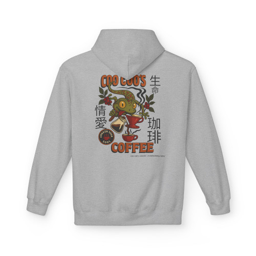Awaken Your Soul hoodie - Bert the gecko in Japanese illustration style with kanji for life coffee and passion surrounded by coffee plants and pour-over - back print fleece pullover by Coo Coos Coffee