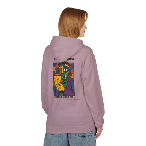 Built to Brew Coffee Made Me hoodie - cubist portrait of Bert the gecko holding coffee in bold color-block style - back print fleece pullover by Coo Coos Coffee Florida Brew Crew