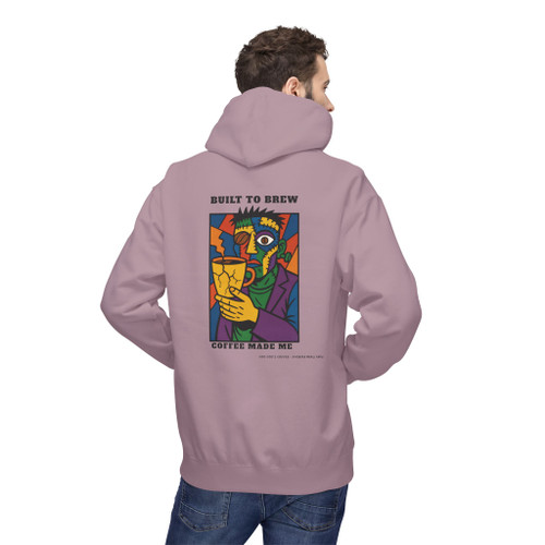 Built to Brew Coffee Made Me hoodie - cubist portrait of Bert the gecko holding coffee in bold color-block style - back print fleece pullover by Coo Coos Coffee Florida Brew Crew