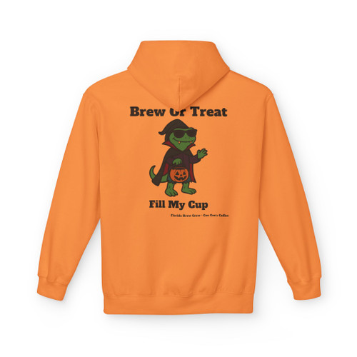 Brew or Treat Fill My Cup Halloween hoodie - vampire Bert the gecko in cape with pumpkin bucket - back print seasonal drop fleece pullover by Coo Coos Coffee Florida Brew Crew