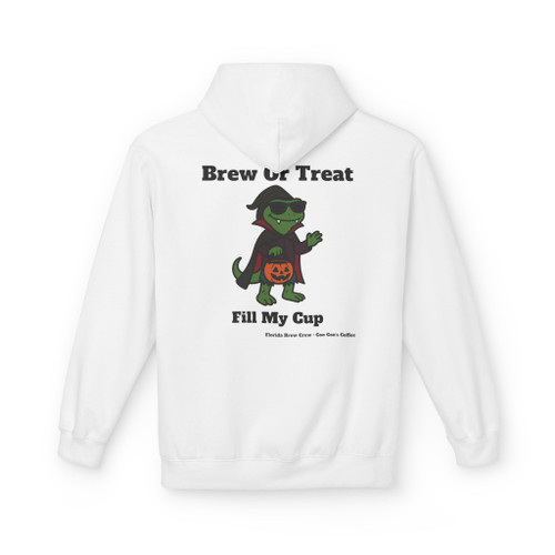 Brew or Treat Fill My Cup Halloween hoodie - vampire Bert the gecko in cape with pumpkin bucket - back print seasonal drop fleece pullover by Coo Coos Coffee Florida Brew Crew