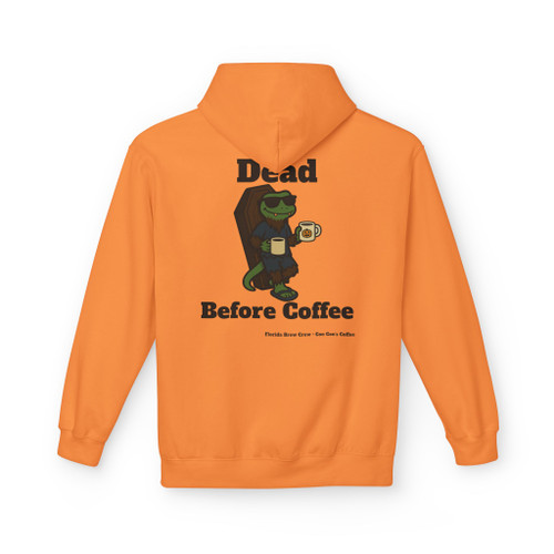 Dead Before Coffee Halloween hoodie back print - Bert the gecko climbing out of coffin holding coffee mug - seasonal drop fleece pullover by Coo Coos Coffee
