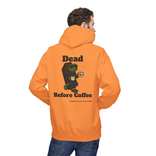 Dead Before Coffee Halloween hoodie back print - Bert the gecko climbing out of coffin holding coffee mug - seasonal drop fleece pullover by Coo Coos Coffee