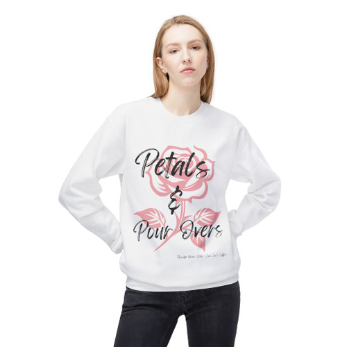 Petals and Pour Overs crewneck sweatshirt - soft pink rose illustration with flowing script typography - floral coffee fleece by Coo Coos Coffee Florida Brew Crew