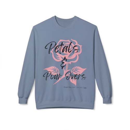 Petals and Pour Overs crewneck sweatshirt - soft pink rose illustration with flowing script typography - floral coffee fleece by Coo Coos Coffee Florida Brew Crew