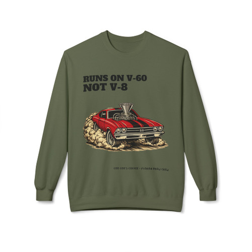 Runs on V-60 Not V-8 crewneck sweatshirt - red muscle car doing burnout with V60 pour over coffee dripper replacing supercharger - car meets coffee fleece by Coo Coos Coffee