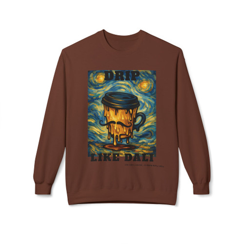 Drip Like Dali crewneck sweatshirt - melting surrealist coffee cup against swirling starry sky in poster style print - art lover coffee fleece by Coo Coos Coffee