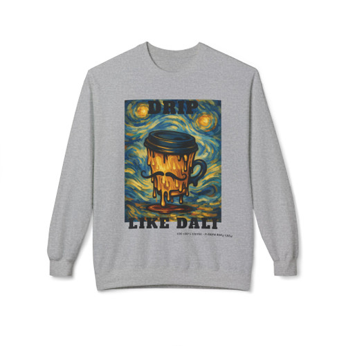 Drip Like Dali crewneck sweatshirt - melting surrealist coffee cup against swirling starry sky in poster style print - art lover coffee fleece by Coo Coos Coffee