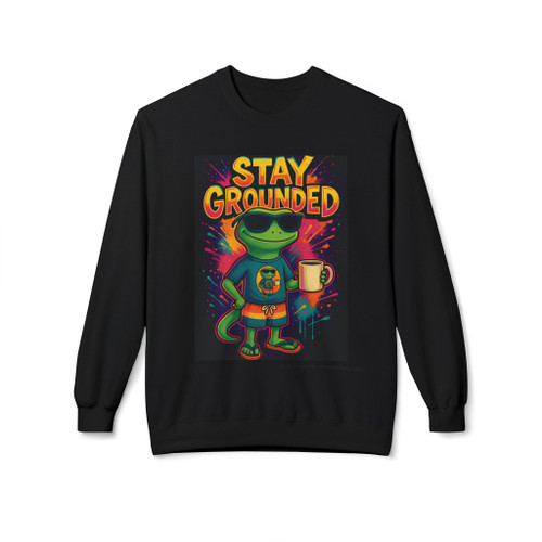 Stay Grounded crewneck sweatshirt - neon psychedelic Bert the gecko holding coffee mug with colorful splatter background on poster style print - streetwear fleece by Coo Coos Coffee