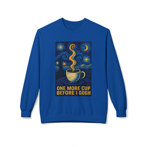 One More Cup Before I Gogh crewneck sweatshirt - Starry Night inspired coffee cup with swirling steam and crescent moon - art lover coffee fleece by Coo Coos Coffee