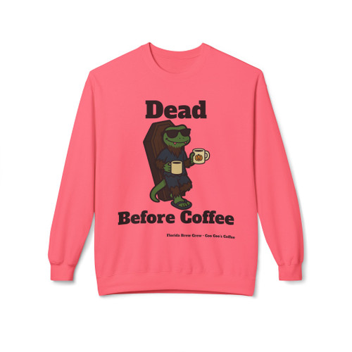 Dead Before Coffee Halloween crewneck sweatshirt - Bert the gecko climbing out of coffin holding coffee mug - funny seasonal drop fleece by Coo Coos Coffee Florida Brew Crew