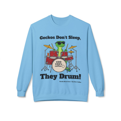 Geckos Dont Sleep They Drum crewneck sweatshirt - Bert the gecko behind red drum set with Coo Coos Coffee on bass drum head - drummer coffee humor fleece by Coo Coos Coffee