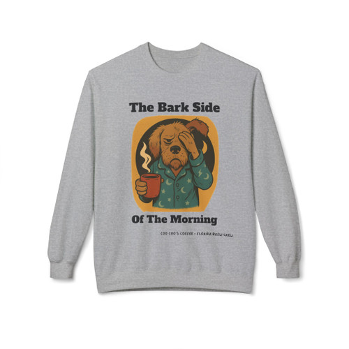 The Bark Side of the Morning crewneck sweatshirt - sleepy dog in green pajamas holding coffee mug in retro oval frame - funny dog lover coffee fleece by Coo Coos Coffee
