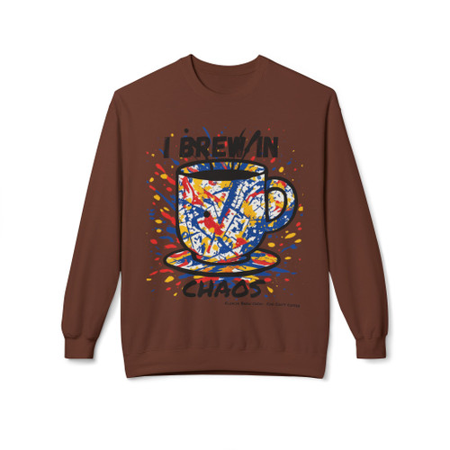 I Brew In Chaos crewneck in chocolate brown - abstract street art coffee cup with primary color paint splatter - Coo Coos Coffee