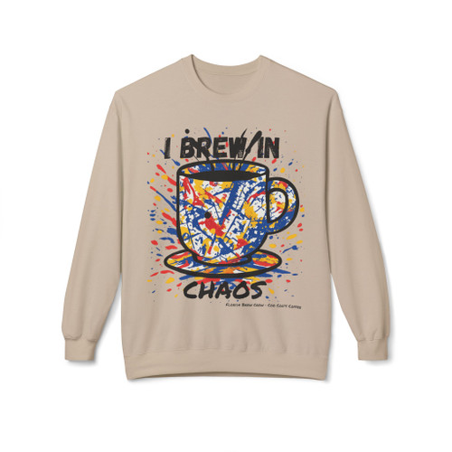 I Brew In Chaos crewneck in sand - bold abstract coffee mug art with blue red yellow splatter and graffiti text - Coo Coos Coffee