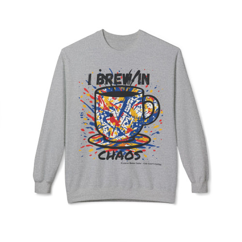I Brew In Chaos crewneck in grey - street art style coffee cup with paint splatter design - Coo Coos Coffee