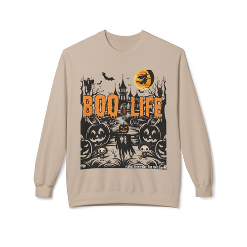 Boo Life Halloween crewneck in sand - haunted house scene with jack-o-lanterns bats witch moon and skeleton characters - Coo Coos Coffee seasonal drop