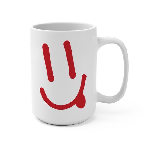 Coo Coos Coffee happy face mug front - large hand-drawn red smiley face icon on 15oz white ceramic mug