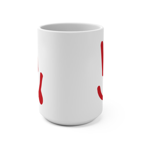 Coo Coos Coffee happy face mug side angle showing red smiley icon on both sides - 15oz white ceramic