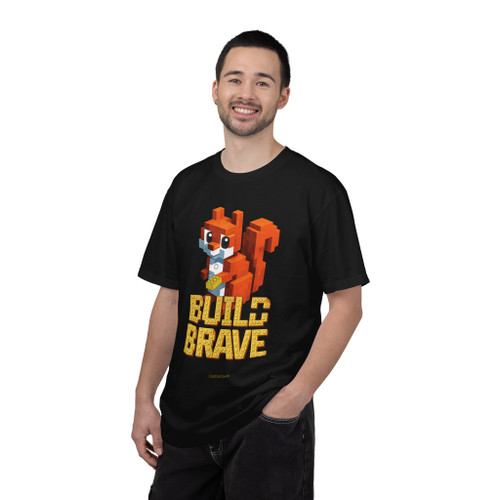 Build Brave tee in moss green with gold block letter art and orange block squirrel - CooCooCares childhood cancer awareness