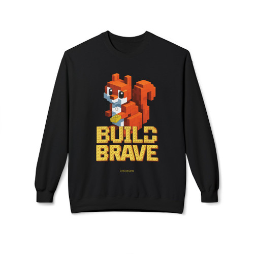 Build Brave childhood cancer awareness crewneck sweatshirt in black with Lego-style squirrel and gold block letters - CooCooCares collection
