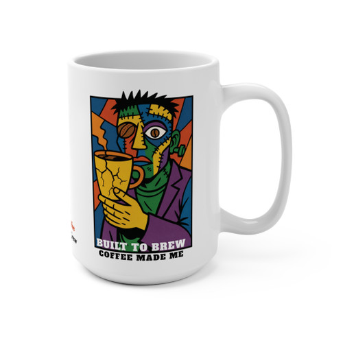 Built to Brew 15oz mug — a Picasso-style Cubist portrait of Bert the gecko rendered in fractured, multi-angle planes of bold color, holding a cup of coffee, with "BUILT TO BREW" and "COFFEE MADE ME" in bold lettering below — Coo Coo's Coffee Brew Good Vibes art-parody mug.