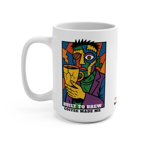 Built to Brew 15oz mug — a Picasso-style Cubist portrait of Bert the gecko rendered in fractured, multi-angle planes of bold color, holding a cup of coffee, with "BUILT TO BREW" and "COFFEE MADE ME" in bold lettering below — Coo Coo's Coffee Brew Good Vibes art-parody mug.