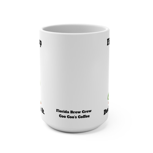 First Cup Don't Push It 15oz mug — a cool, composed Bert the gecko in sunglasses, board shorts and flip-flops, holding a coffee cup with a flat, unbothered expression, with "First Cup" above and "Don't Push It." below in bold lettering, plus a Coo Coo's Coffee mark on the side — Coo Coo's Coffee Brew Good Vibes not-a-morning-person mug.