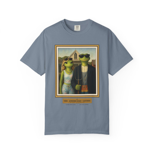 The Americano Gothic Tee | American Gothic Parody Coffee Shirt | Bert & Gertie Frog Art Tee | Coo Coo's Coffee