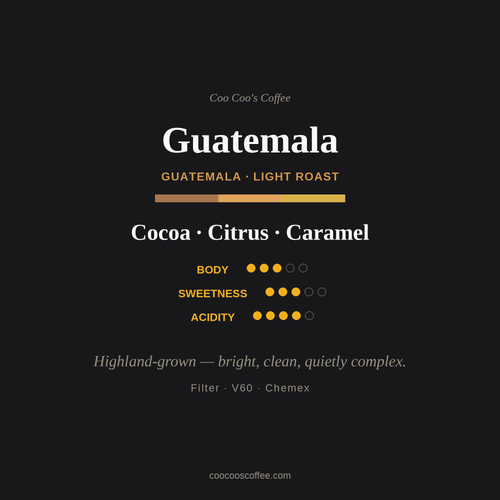Guatemala Huehuetenango — 12 oz bag of whole-bean light roast coffee from Coo Coo’s Coffee dark label