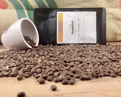 songbird light coffee beans, bag and cupping cup