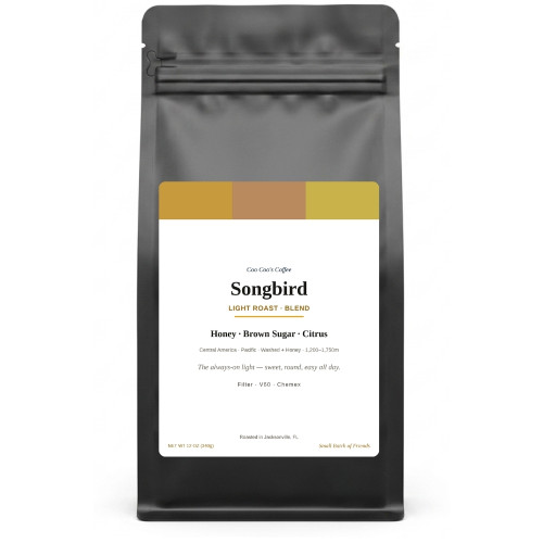 Songbirds light roast house blend, black bag 12oz