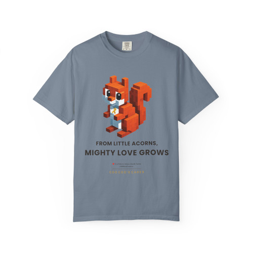 Mighty Love Grows Tribute Tee Blue Jean $5.00 donation to childhood cancer. Flat lay