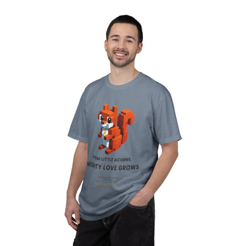 Mighty Love Grows Tribute Tee Blue Jean $5.00 donation to childhood cancer. Male model