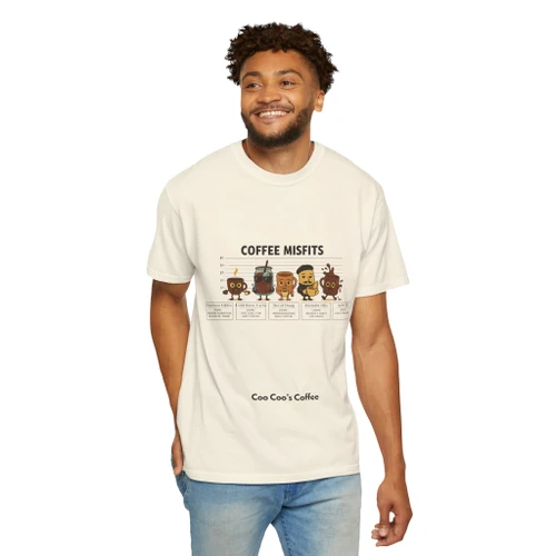 Person wearing the Coffee Misfits Line-Up coffee t-shirt from Coo Coo’s Coffee, ivory