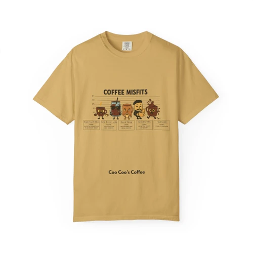 Coffee Misfits Line-Up coffee t-shirt — the Coffee Misfits character lineup printed on the front, mustard