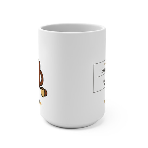 Close-up of the Espresso Eddie coffee character artwork on the Espresso Eddie 15oz mug, side view